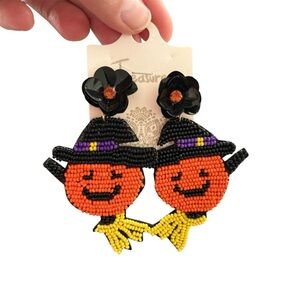 2/$28 NEW Treasure Halloween Beaded Pumpkin Flying Witch Earrings Made In India